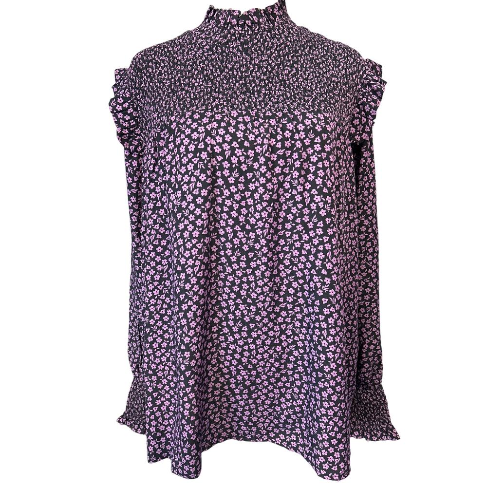 Barbour Top Women’s Size 14 Black‎ & Purple Floral Shirring Ruffle Trim NWT
